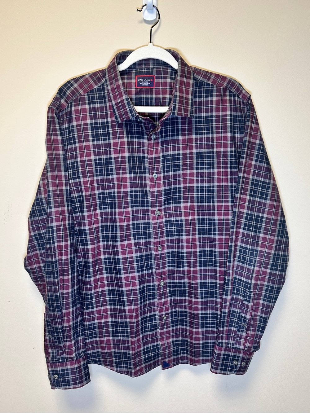 Untuckit Men's Long Sleeve Plaid Button-Down Shirt - Burgundy/Navy XL Slim Fit